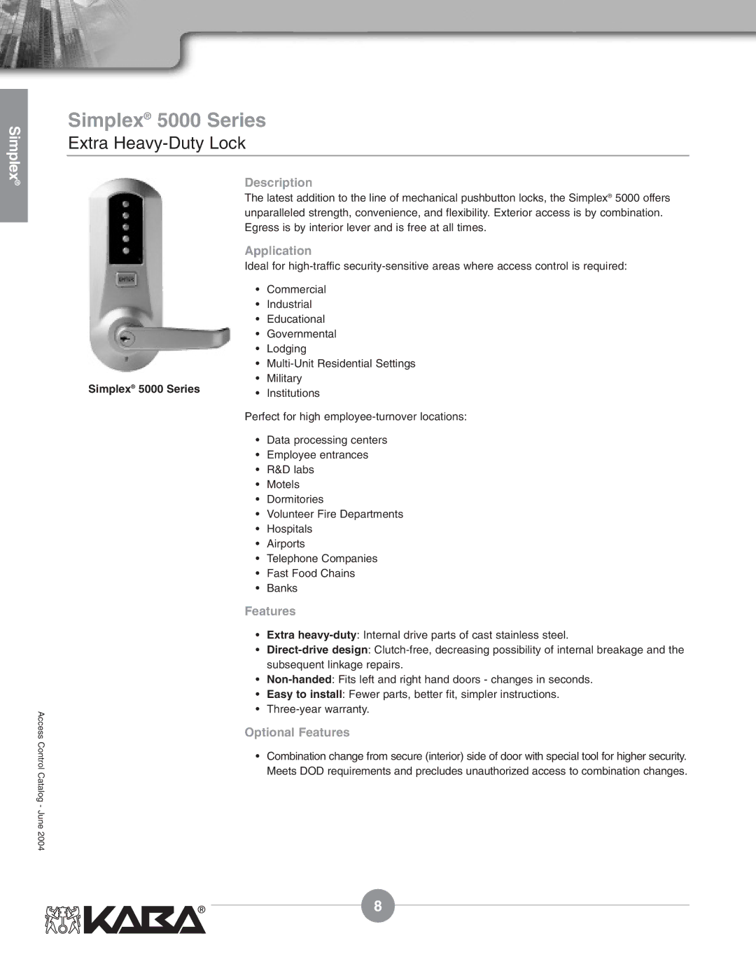 Assa Mechanical Pushbutton Locks manual Simplex 5000 Series, Extra Heavy-Duty Lock 