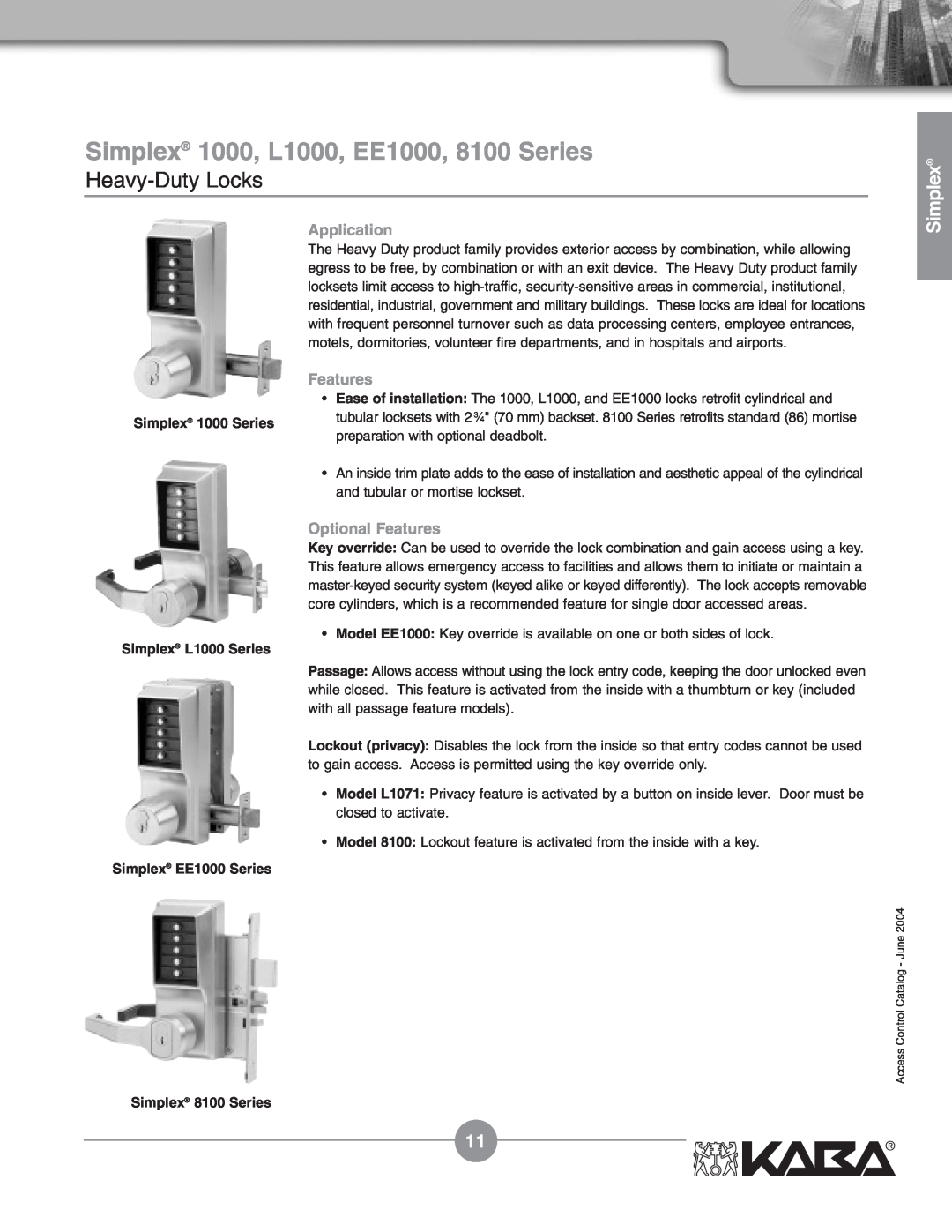 Assa Mechanical Pushbutton Locks manual Simplex 1000, L1000, EE1000, 8100 Series, Heavy-Duty Locks, Application, Features 