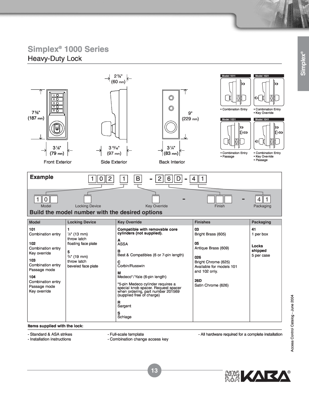 Assa Mechanical Pushbutton Locks manual B - 2 6 D, Simplex 1000 Series, Heavy-Duty Lock, Example, 229 mm 