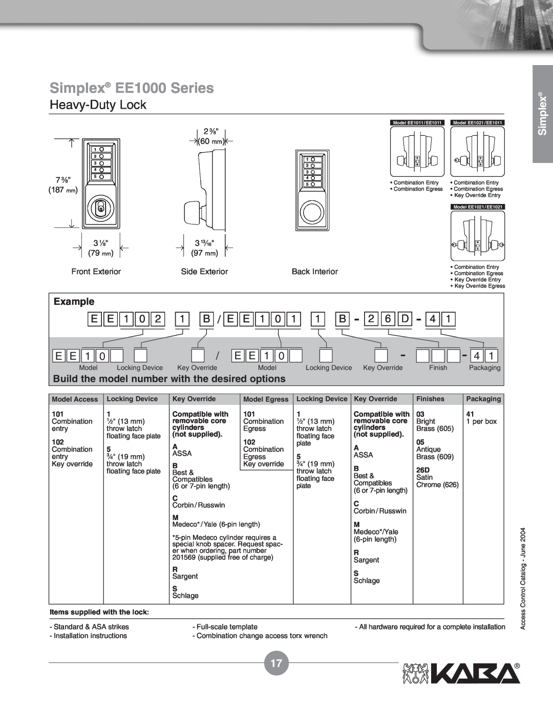Assa Mechanical Pushbutton Locks manual E E 1 0 2 1 B / E E 1 0 1 1 B - 2 6 D - 4, Simplex EE1000 Series, Heavy-Duty Lock 