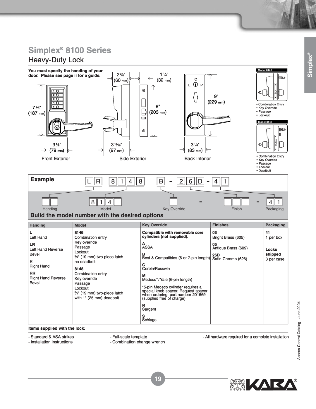 Assa Mechanical Pushbutton Locks manual L R 8 1 4, B - 2 6 D, Simplex 8100 Series, Heavy-Duty Lock, Example 
