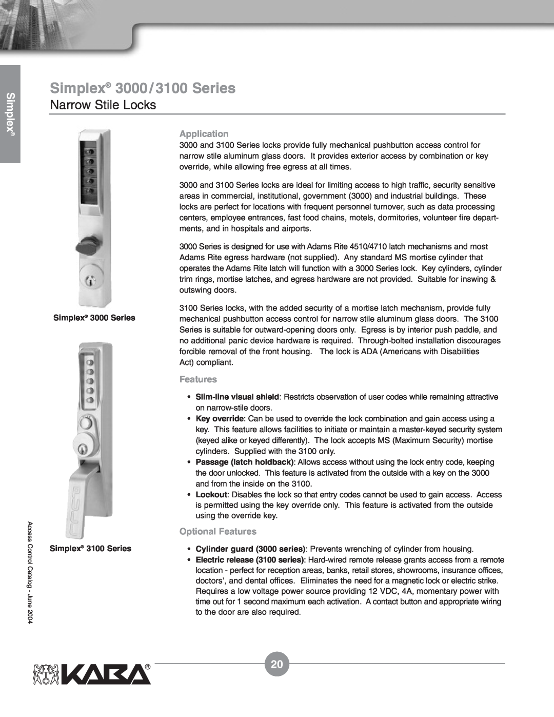 Assa Mechanical Pushbutton Locks manual Simplex 3000/3100 Series, Narrow Stile Locks, Application, Optional Features 