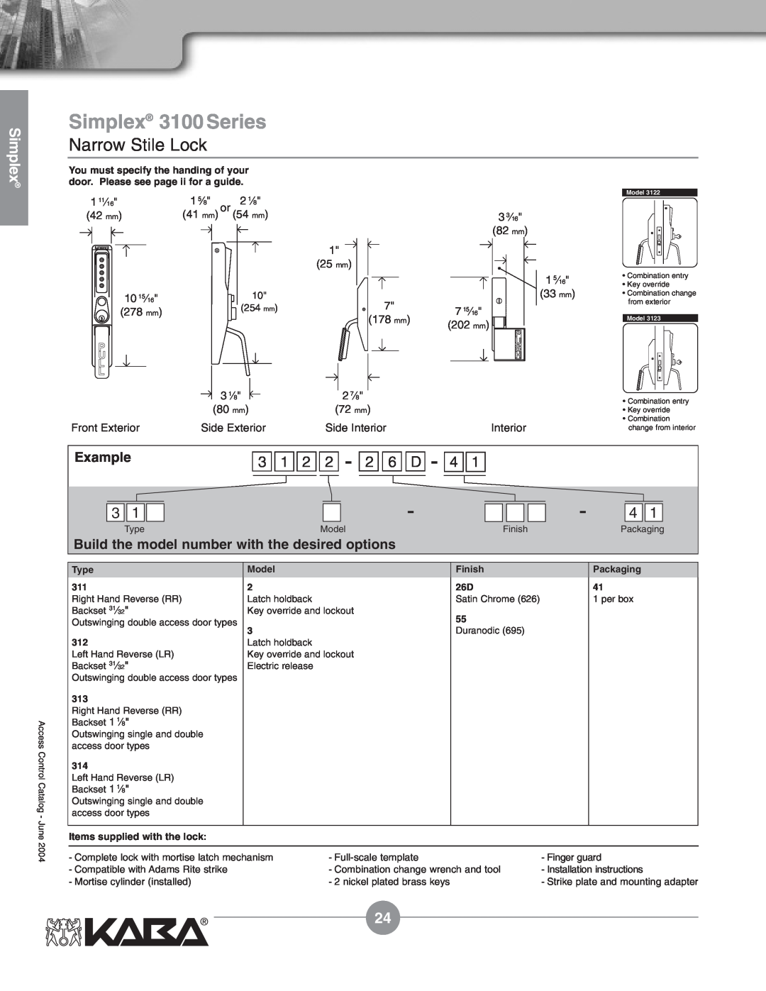 Assa Mechanical Pushbutton Locks manual 1 2 2 - 2 6 D, Simplex 3100 Series, Narrow Stile Lock, Example 