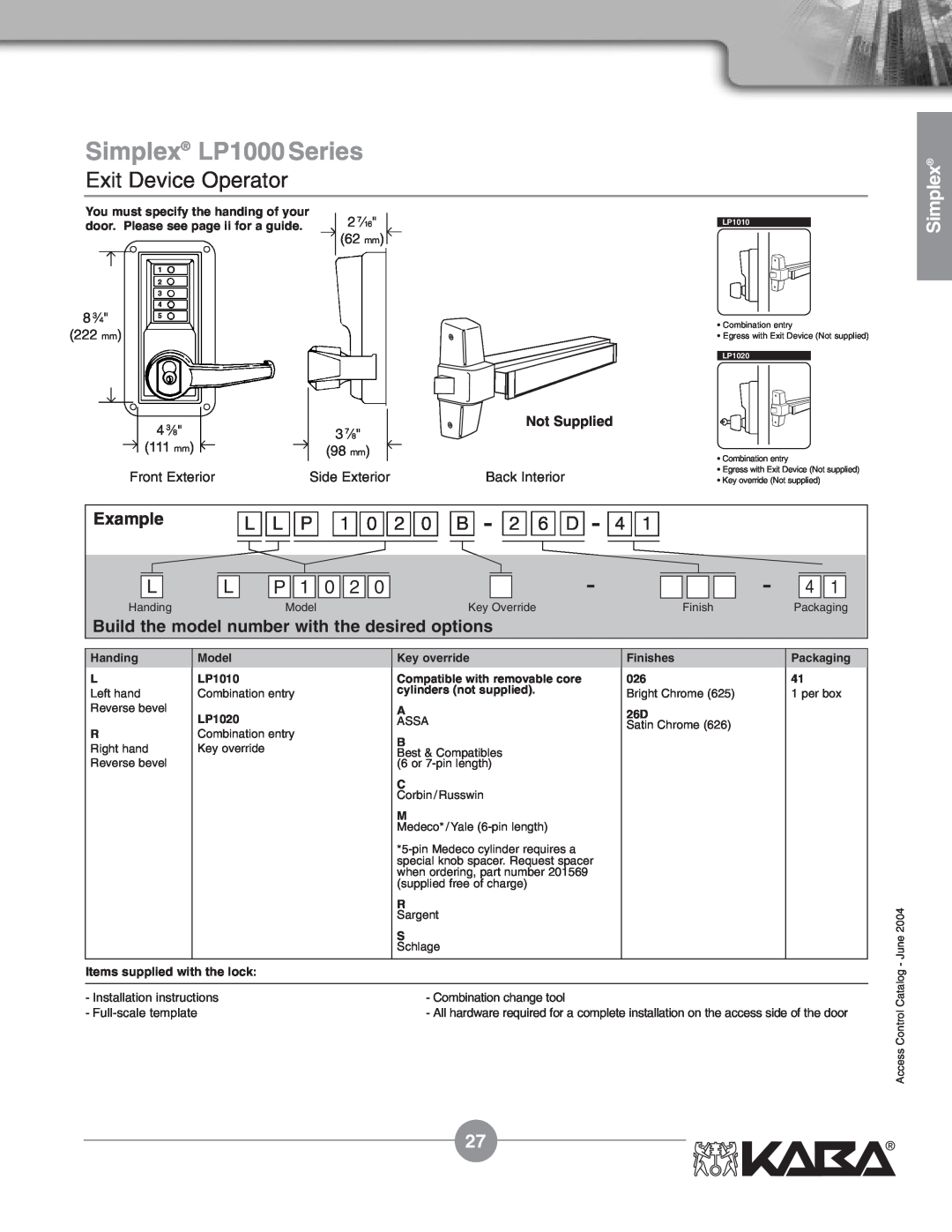 Assa Mechanical Pushbutton Locks manual L L P 1 0 2 0 B - 2, D - 4, Simplex LP1000 Series, Exit Device Operator, Example 