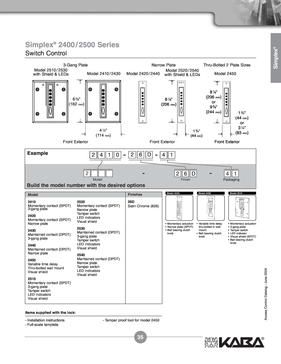 Assa Mechanical Pushbutton Locks manual Simplex 2400/2500 Series, Switch Control, Example 