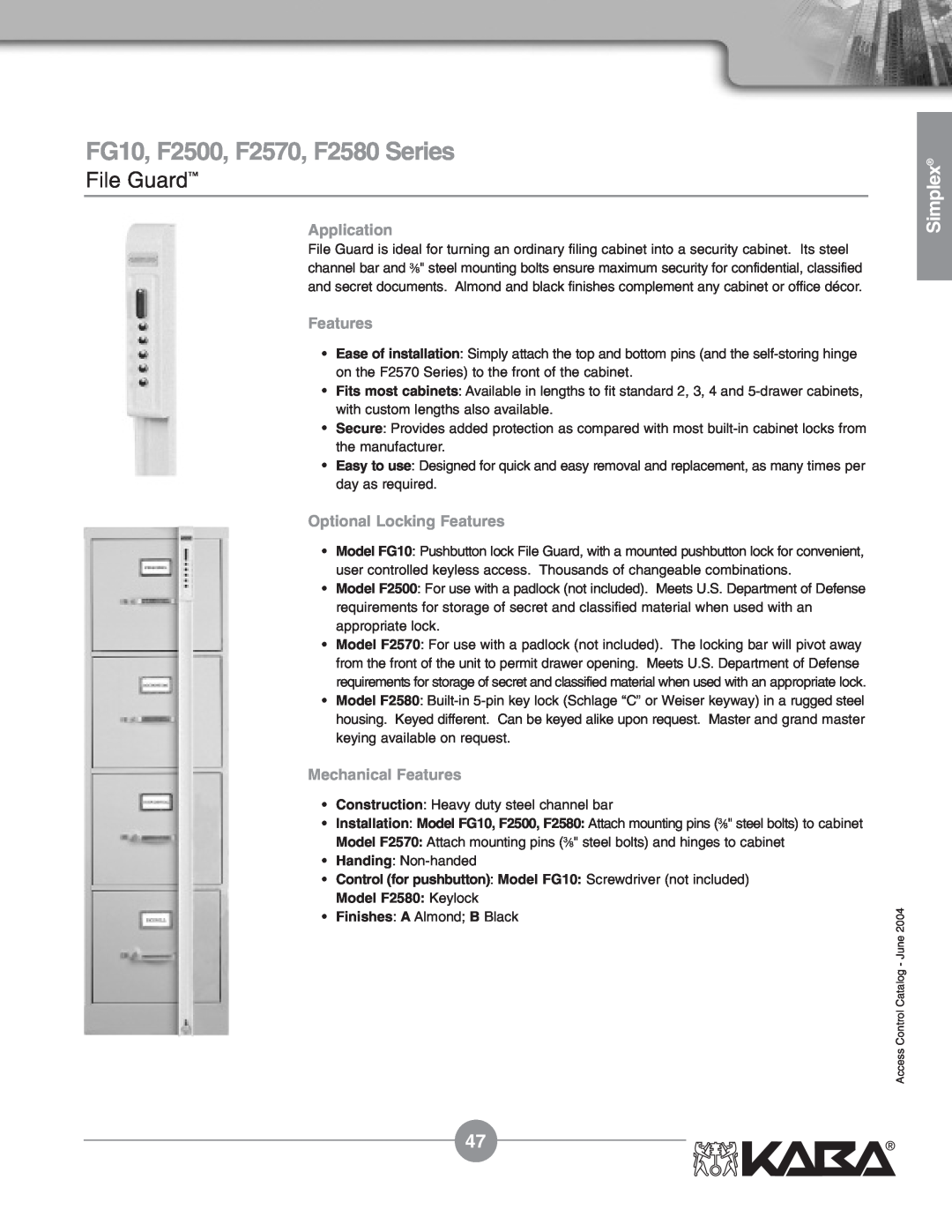 Assa Mechanical Pushbutton Locks manual FG10, F2500, F2570, F2580 Series, File Guard, Simplex, Application, Features 