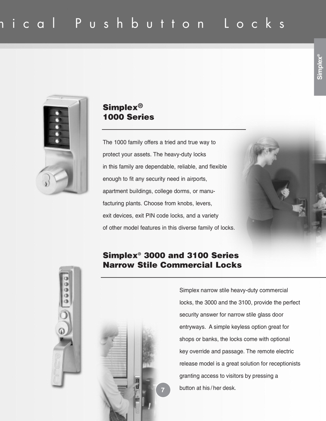 Assa Mechanical Pushbutton Locks manual Simplex 1000 Series, Simplex 3000 and 3100 Series Narrow Stile Commercial Locks 