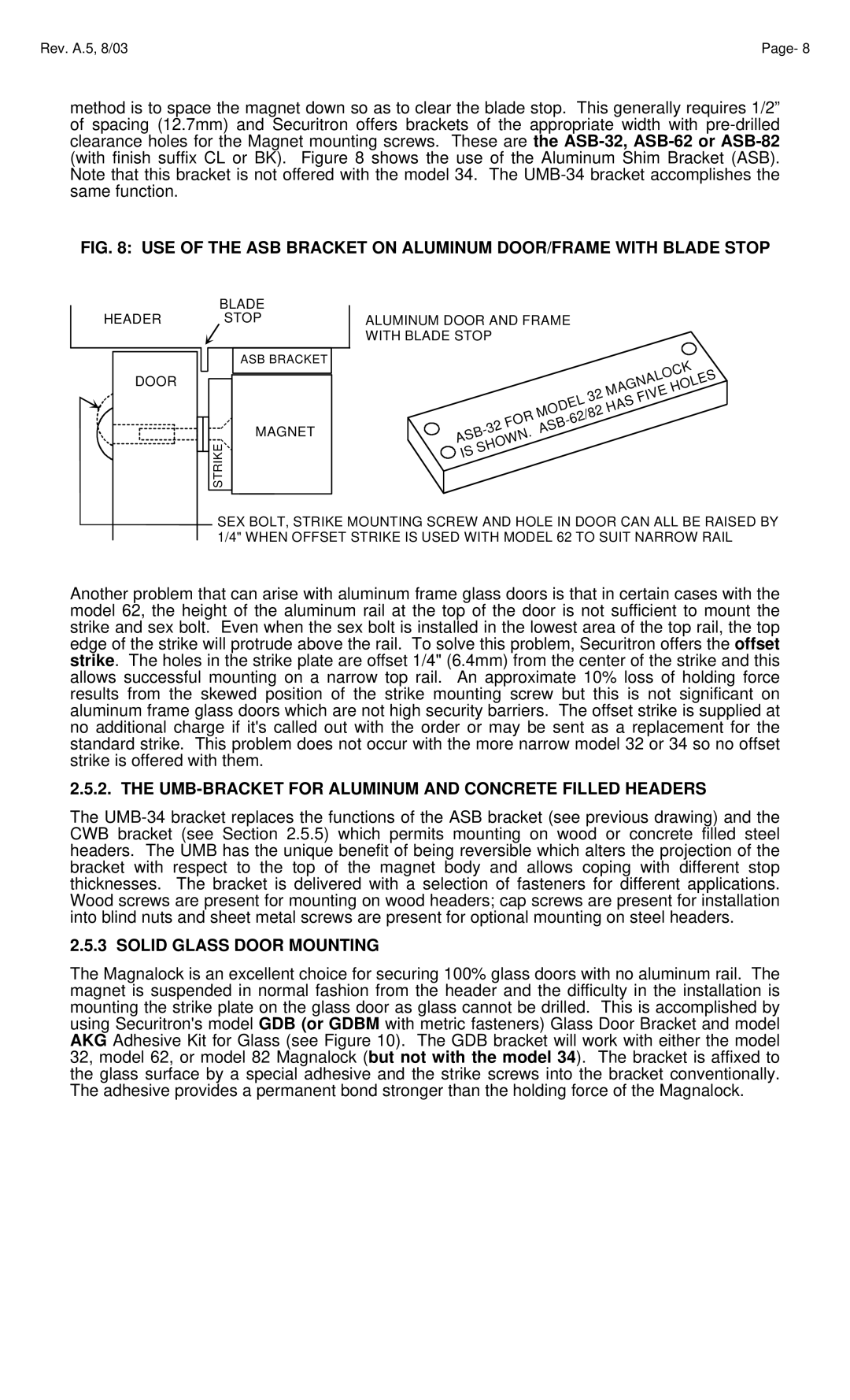 Assa 32, Model 34 manual UMB-BRACKET for Aluminum and Concrete Filled Headers, Solid Glass Door Mounting 