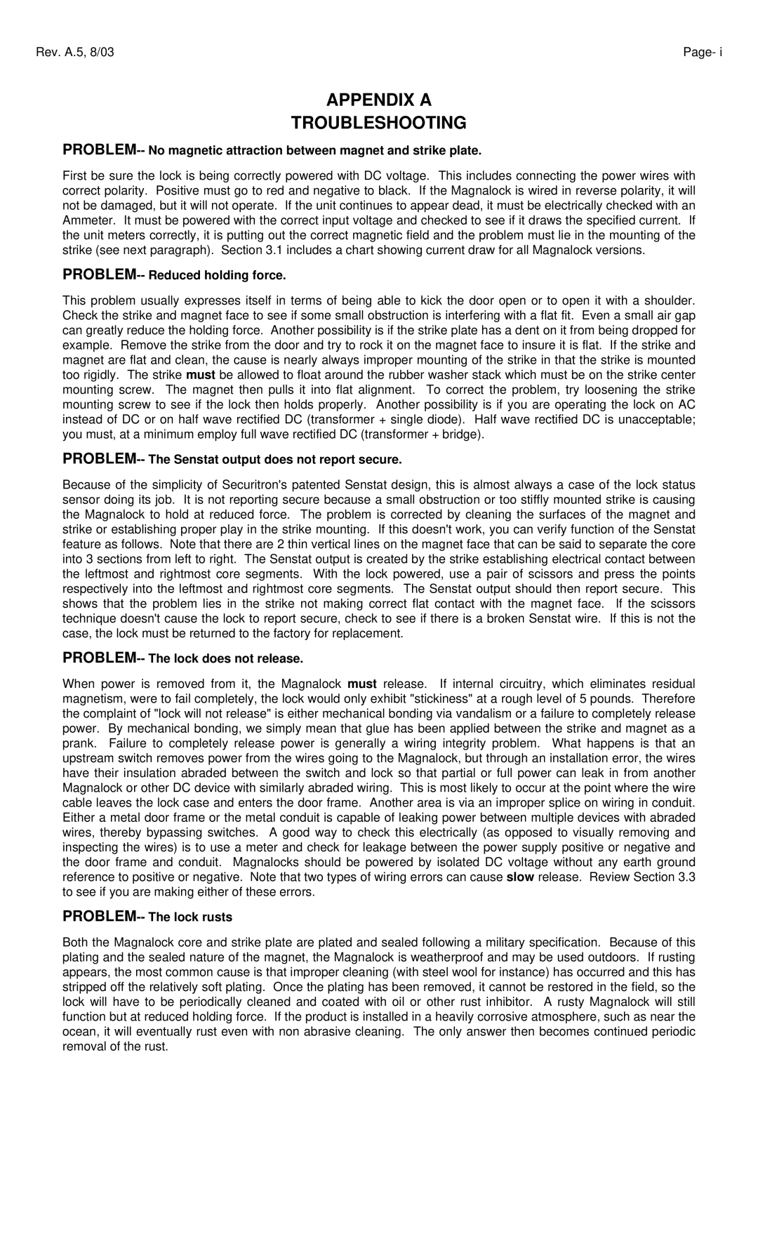 Assa Model 34, 32 manual Appendix a Troubleshooting, PROBLEM-- Reduced holding force 