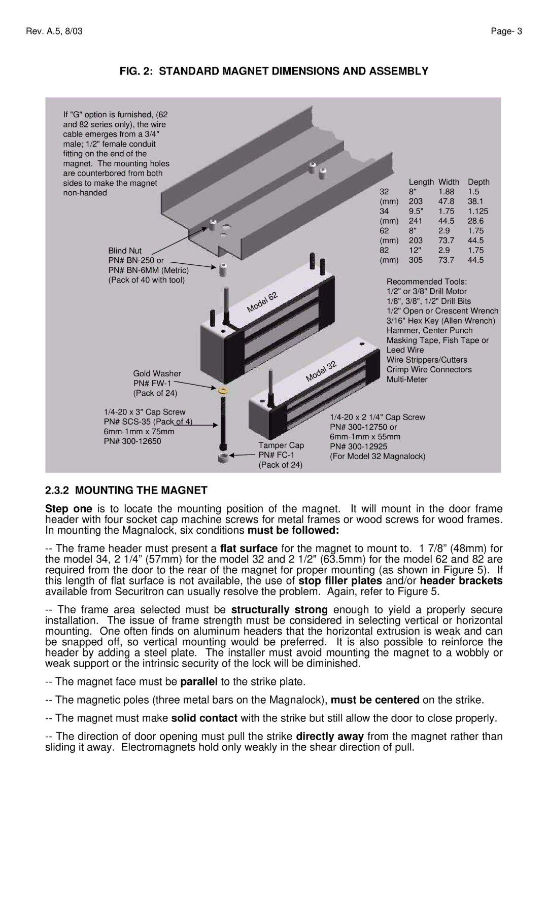 Assa Model 34, 32 manual Standard Magnet Dimensions and Assembly, Mounting the Magnet 