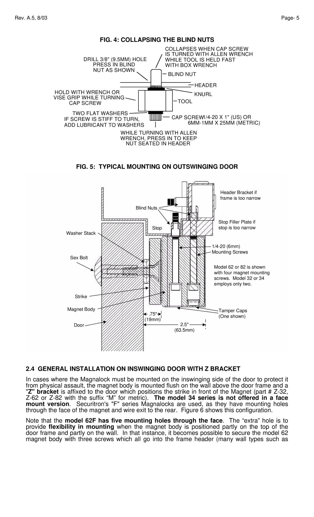 Assa Model 34, 32 manual Collapsing the Blind Nuts, General Installation on Inswinging Door with Z Bracket 