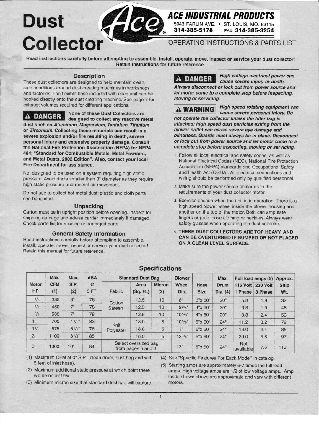 Associated Equipment 3HP, 2HP specifications Specifications, Description, Unpacking, GeneralSatetyInformation, 20.o 