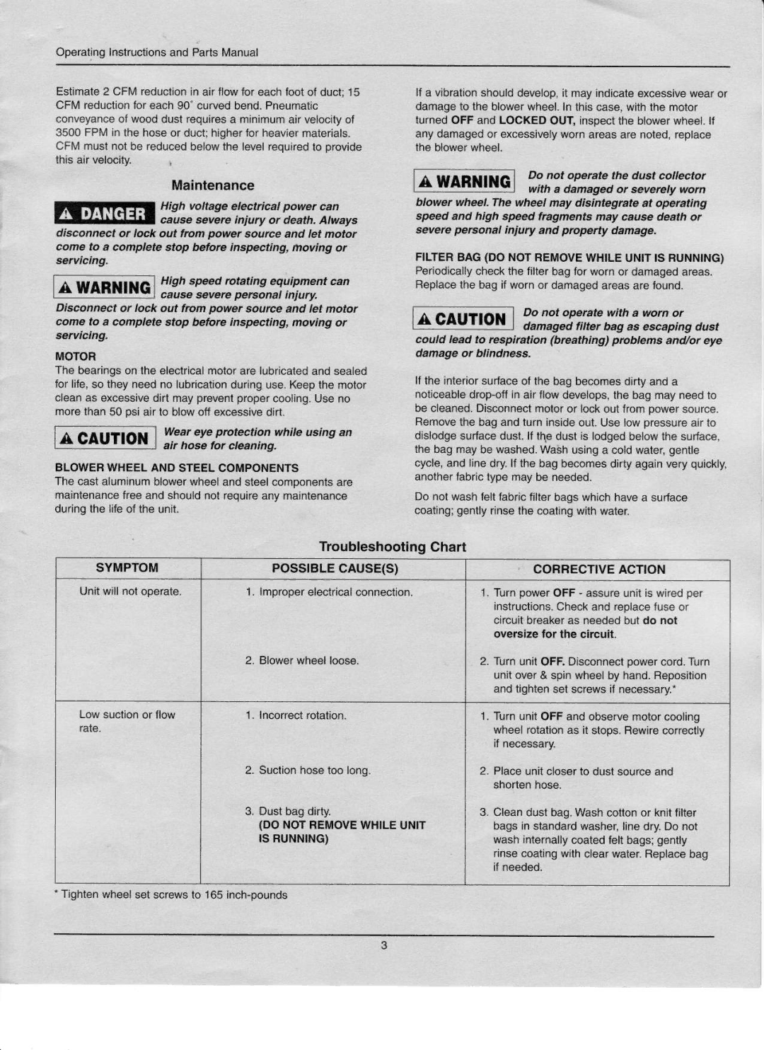 Associated Equipment 3HP, 2HP specifications Maintenance, TroubleshootingChart 