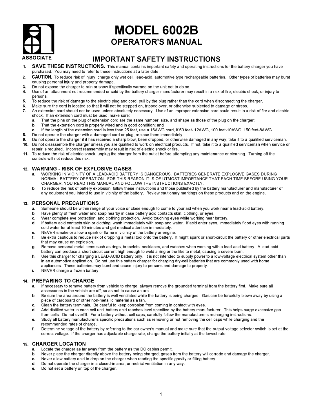 Associated Equipment 6002B important safety instructions Associate, Personal Precautions, Preparing to Charge 