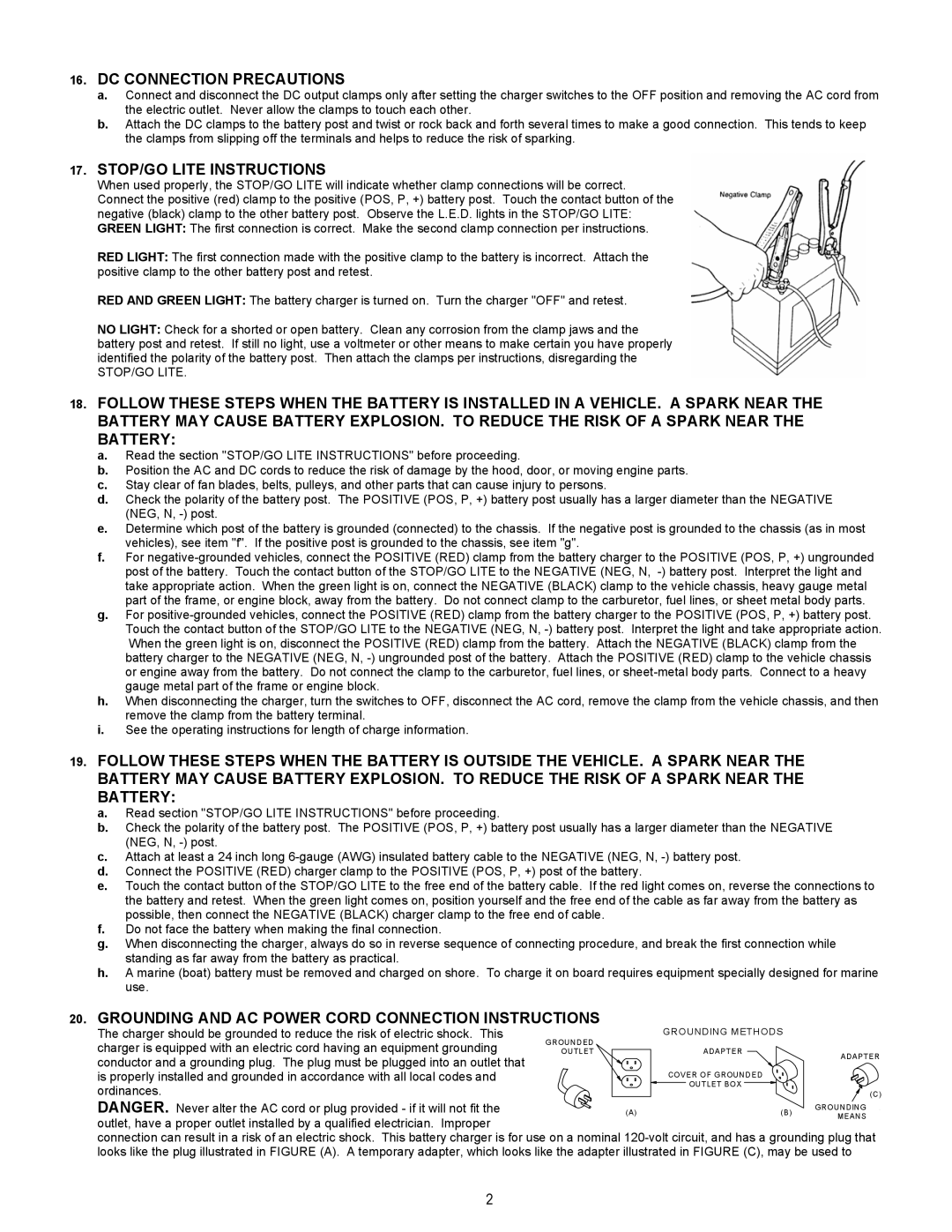 Associated Equipment 6002B important safety instructions DC Connection Precautions, STOP/GO Lite Instructions 