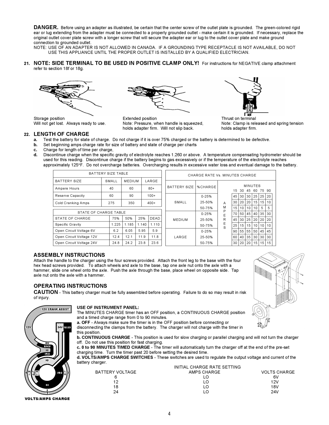 Associated Equipment 6002B important safety instructions Length of Charge, Charge for length of time per charge 