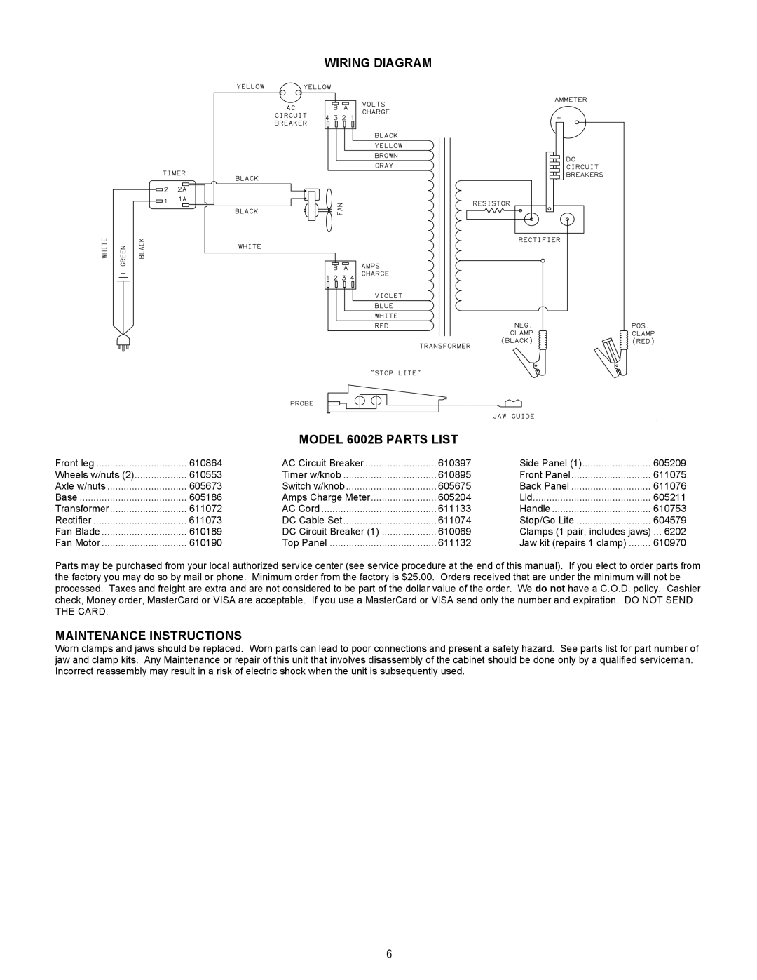 Associated Equipment important safety instructions Wiring Diagram Model 6002B Parts List, Maintenance Instructions 