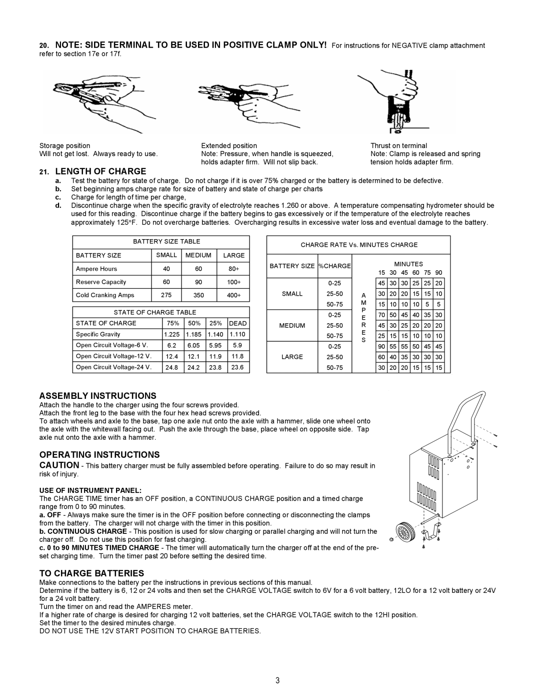 Associated Equipment 6006 Length of Charge, Assembly Instructions, Operating Instructions, To Charge Batteries 