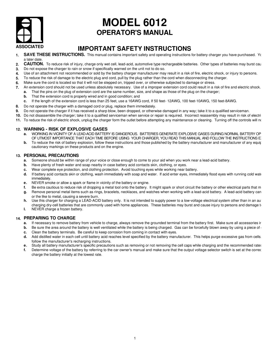 Associated Equipment 6012 important safety instructions Associated, Personal Precautions, Preparing to Charge 