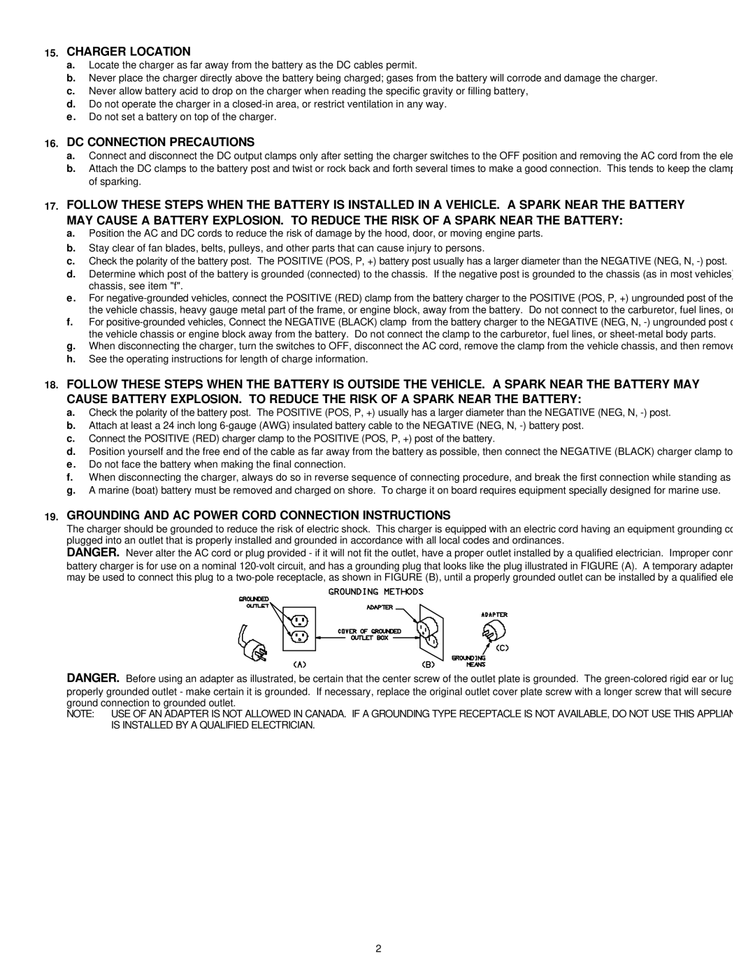 Associated Equipment 6012 Charger Location, DC Connection Precautions, Grounding and AC Power Cord Connection Instructions 