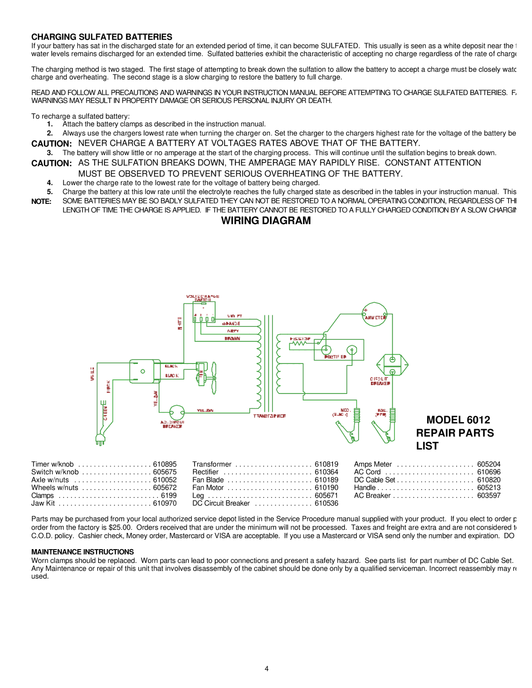 Associated Equipment 6012 important safety instructions Charging Sulfated Batteries, Maintenance Instructions 