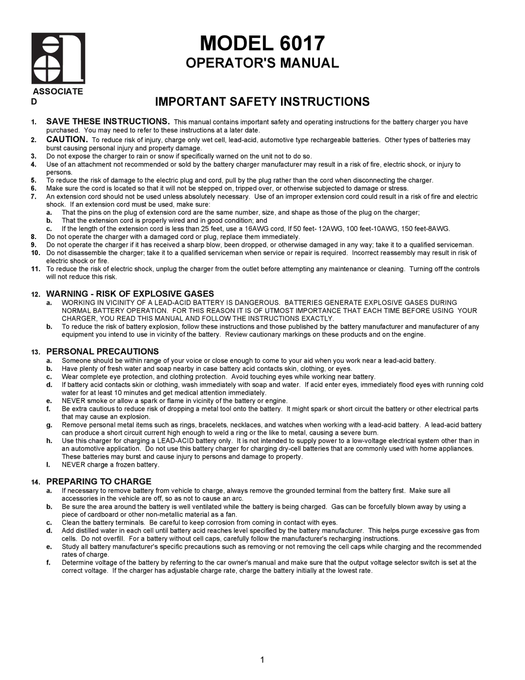 Associated Equipment 6017 important safety instructions Associate D, Personal Precautions, Preparing to Charge 