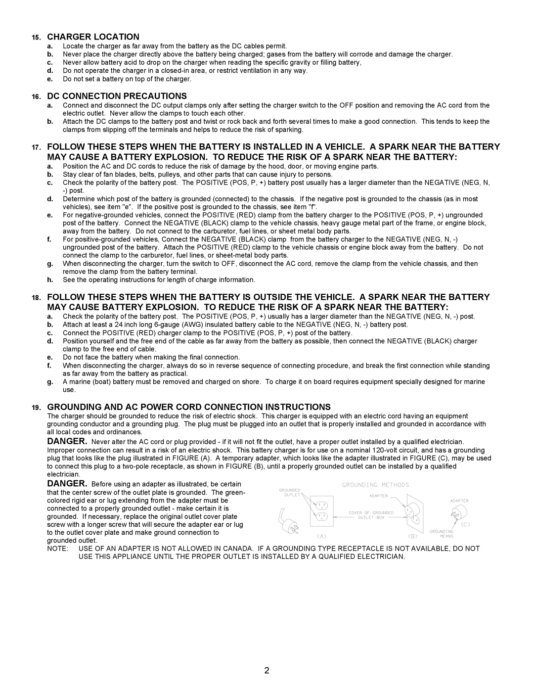 Associated Equipment 6017 Charger Location, DC Connection Precautions, Grounding and AC Power Cord Connection Instructions 