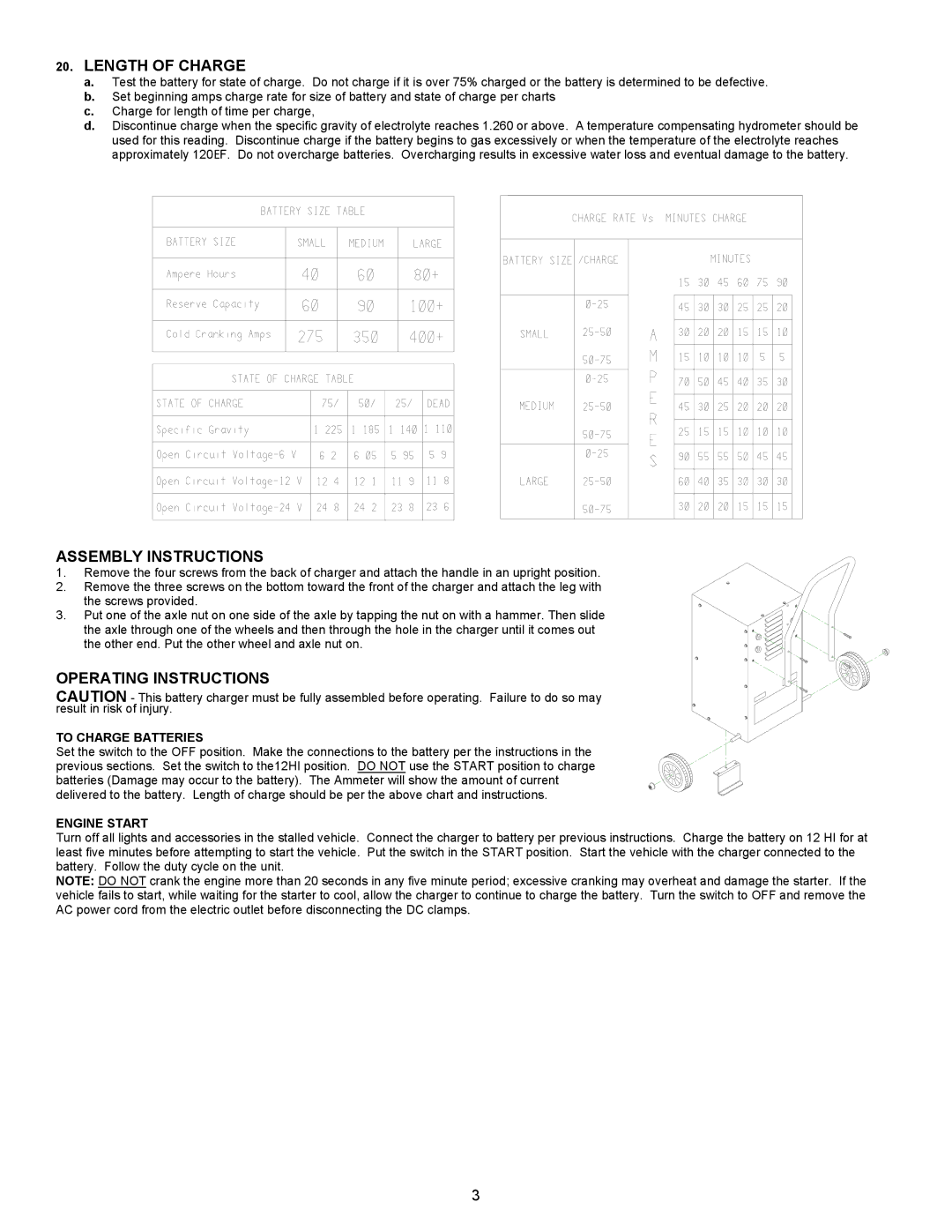 Associated Equipment 6017 Length of Charge, Assembly Instructions, Operating Instructions, To Charge Batteries 