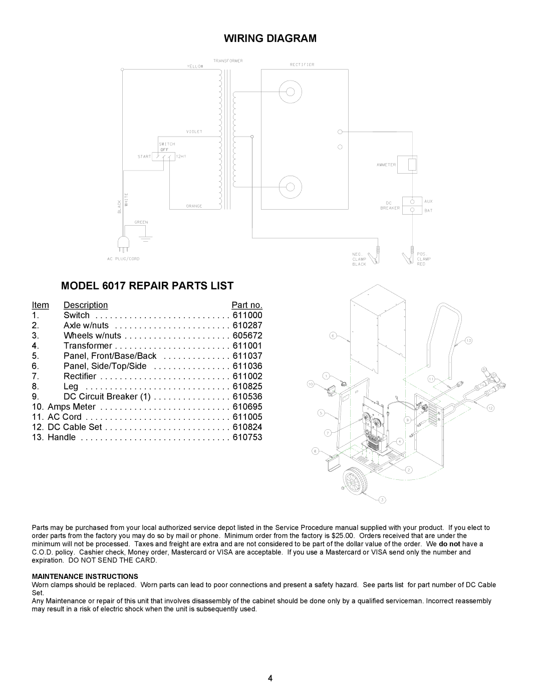 Associated Equipment 6017 important safety instructions Wiring Diagram, Maintenance Instructions 