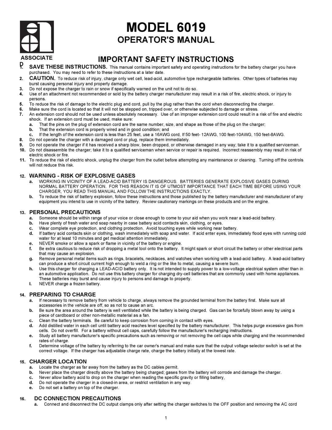 Associated Equipment 6019 important safety instructions Associate, Personal Precautions, Preparing to Charge 