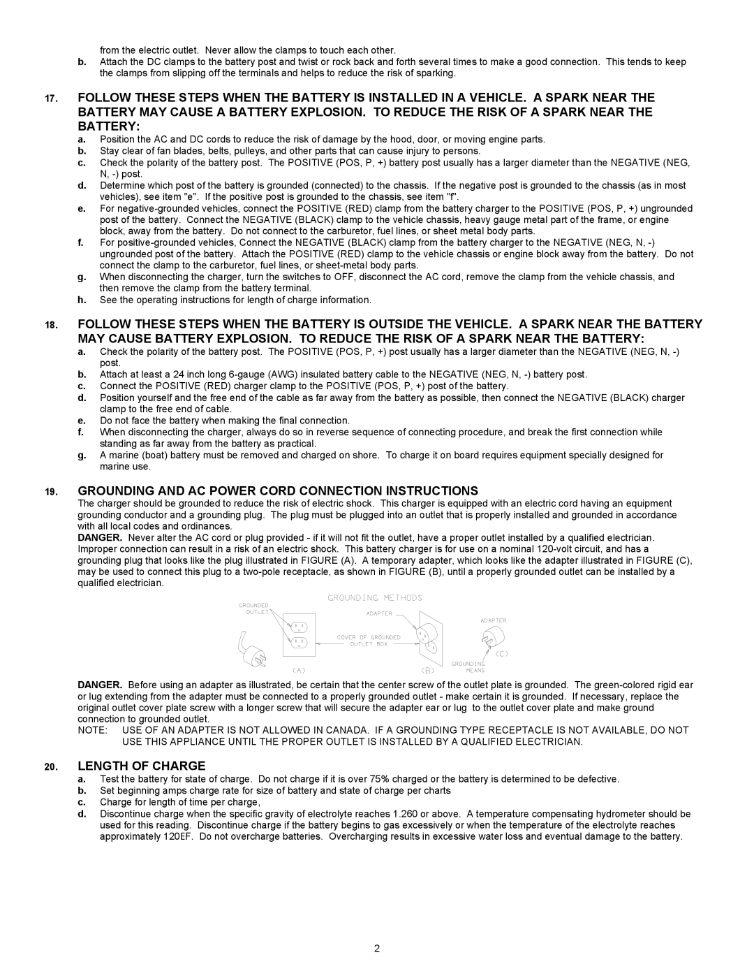 Associated Equipment 6019 Grounding and AC Power Cord Connection Instructions, Length of Charge 