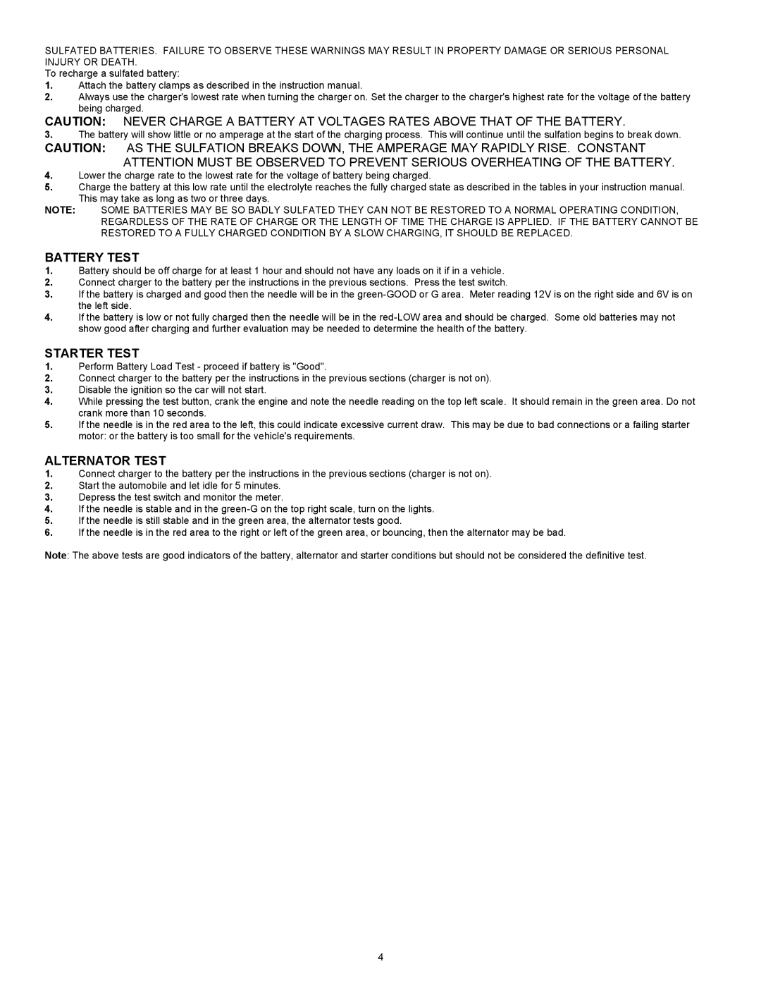 Associated Equipment 6019 important safety instructions Battery Test, Starter Test, Alternator Test 