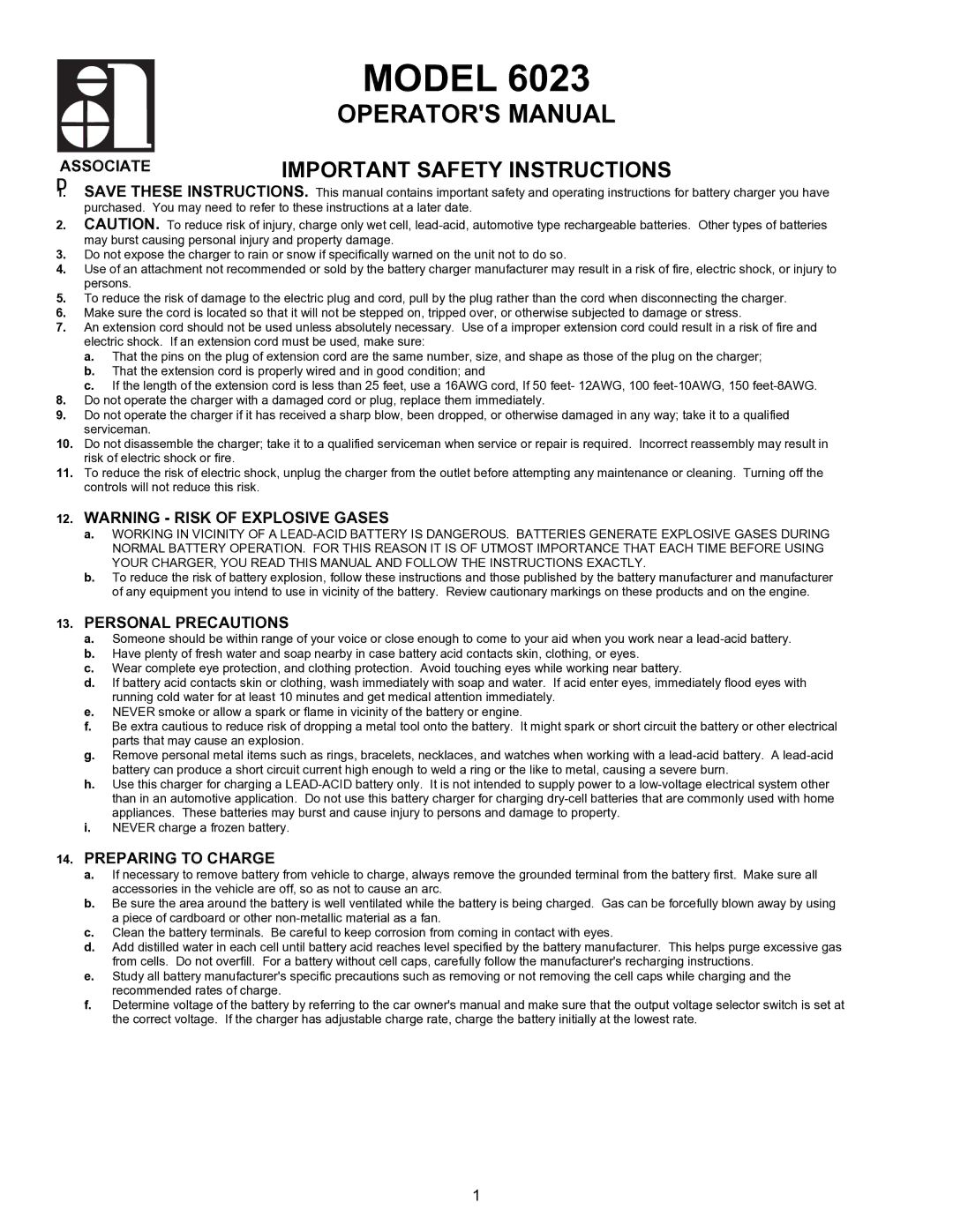 Associated Equipment 6023 important safety instructions Associate, Personal Precautions, Preparing to Charge 