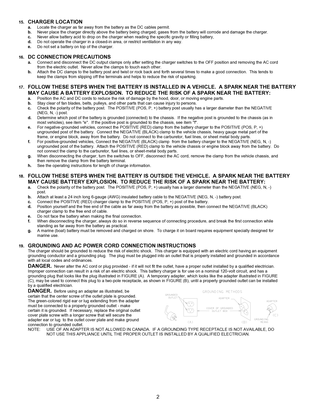 Associated Equipment 6023 Charger Location, DC Connection Precautions, Grounding and AC Power Cord Connection Instructions 