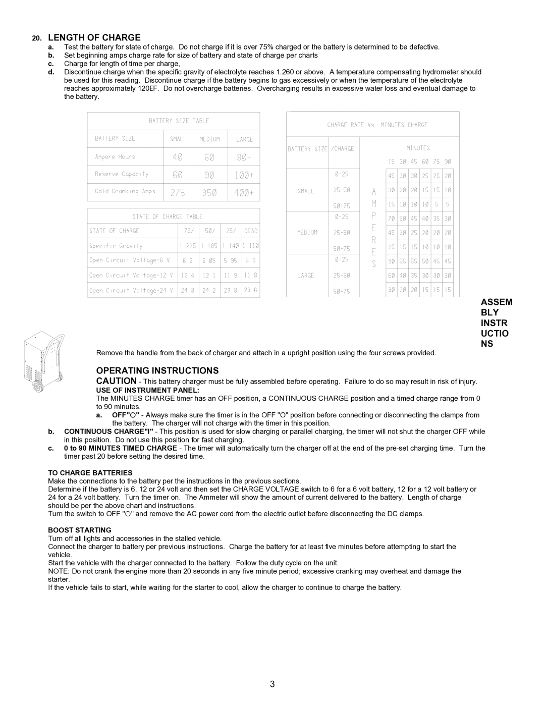 Associated Equipment 6023 important safety instructions Length of Charge, Assem BLY Instr Uctio, Operating Instructions 