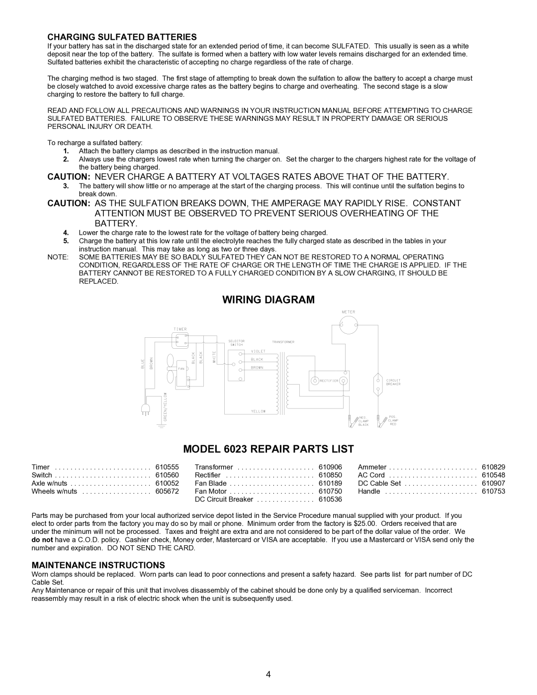 Associated Equipment 6023 important safety instructions Charging Sulfated Batteries, Maintenance Instructions 