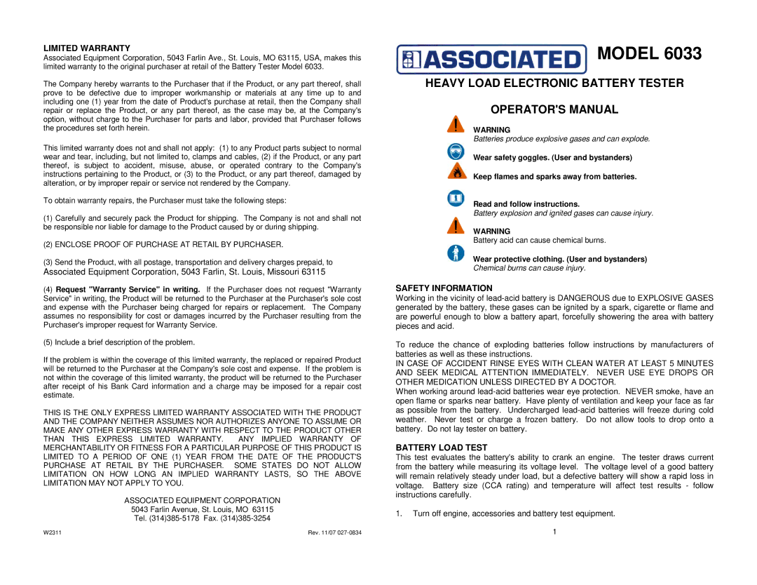 Associated Equipment 6033 warranty Limited Warranty, Safety Information, Battery Load Test 