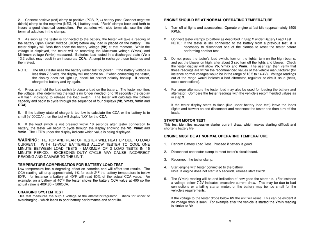 Associated Equipment 6033 warranty Temperature Compensation for Battery Load Test, Charging System Test, Starter Motor Test 