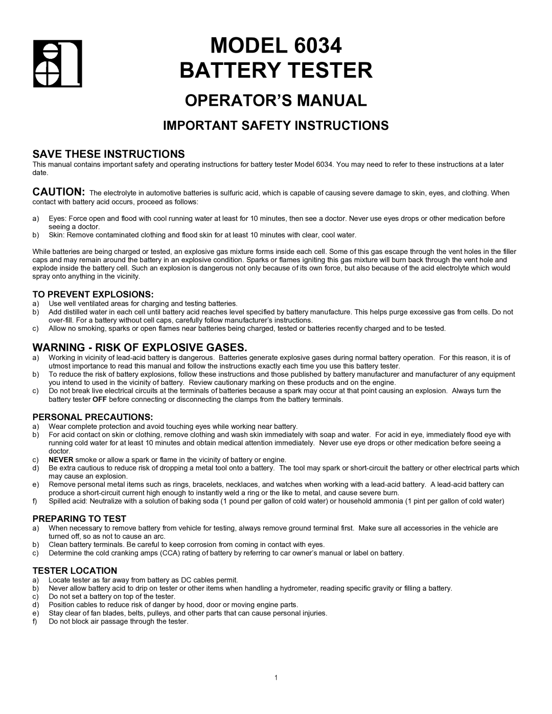 Associated Equipment 6034 important safety instructions To Prevent Explosions, Personal Precautions, Preparing to Test 