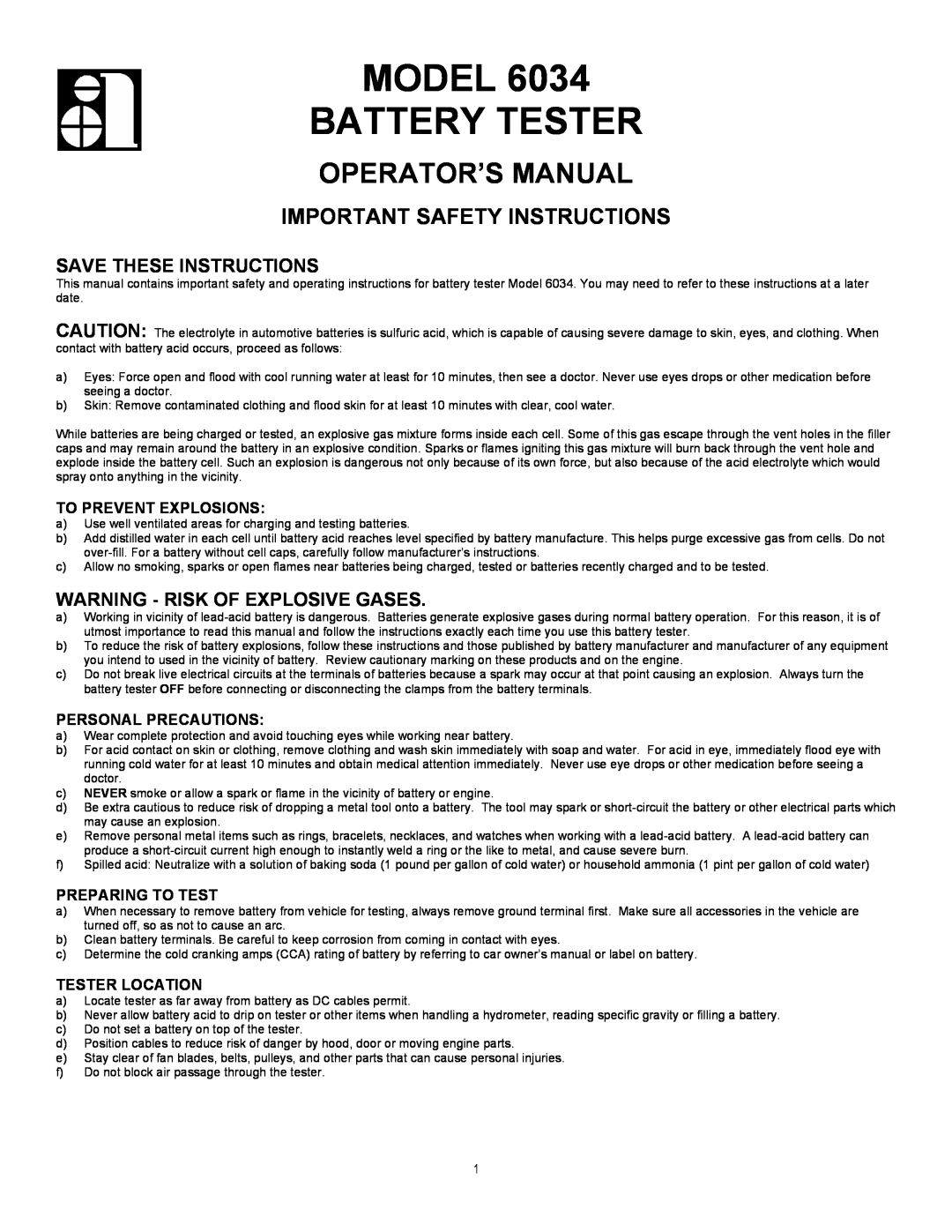 Associated Equipment 6034 important safety instructions To Prevent Explosions, Personal Precautions, Preparing To Test 