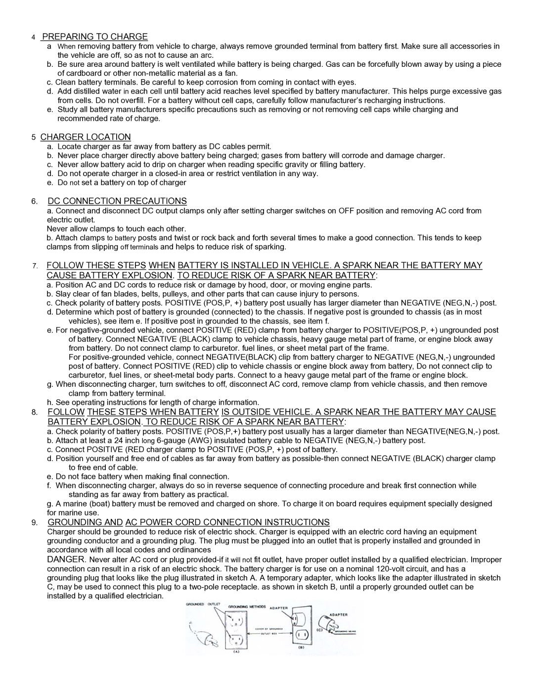 Associated Equipment 6065 manual Preparing to Charge, Charger Location, DC Connection Precautions 