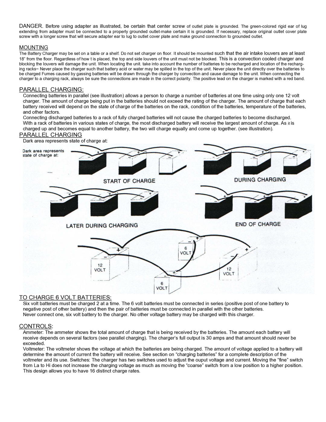 Associated Equipment 6065 manual Parallel Charging, To Charge 6 Volt Batteries, Controls, Mounting 