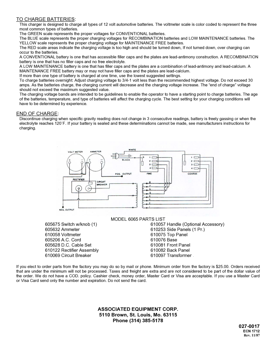 Associated Equipment manual To Charge Batteries, END of Charge, Model 6065 Parts List 