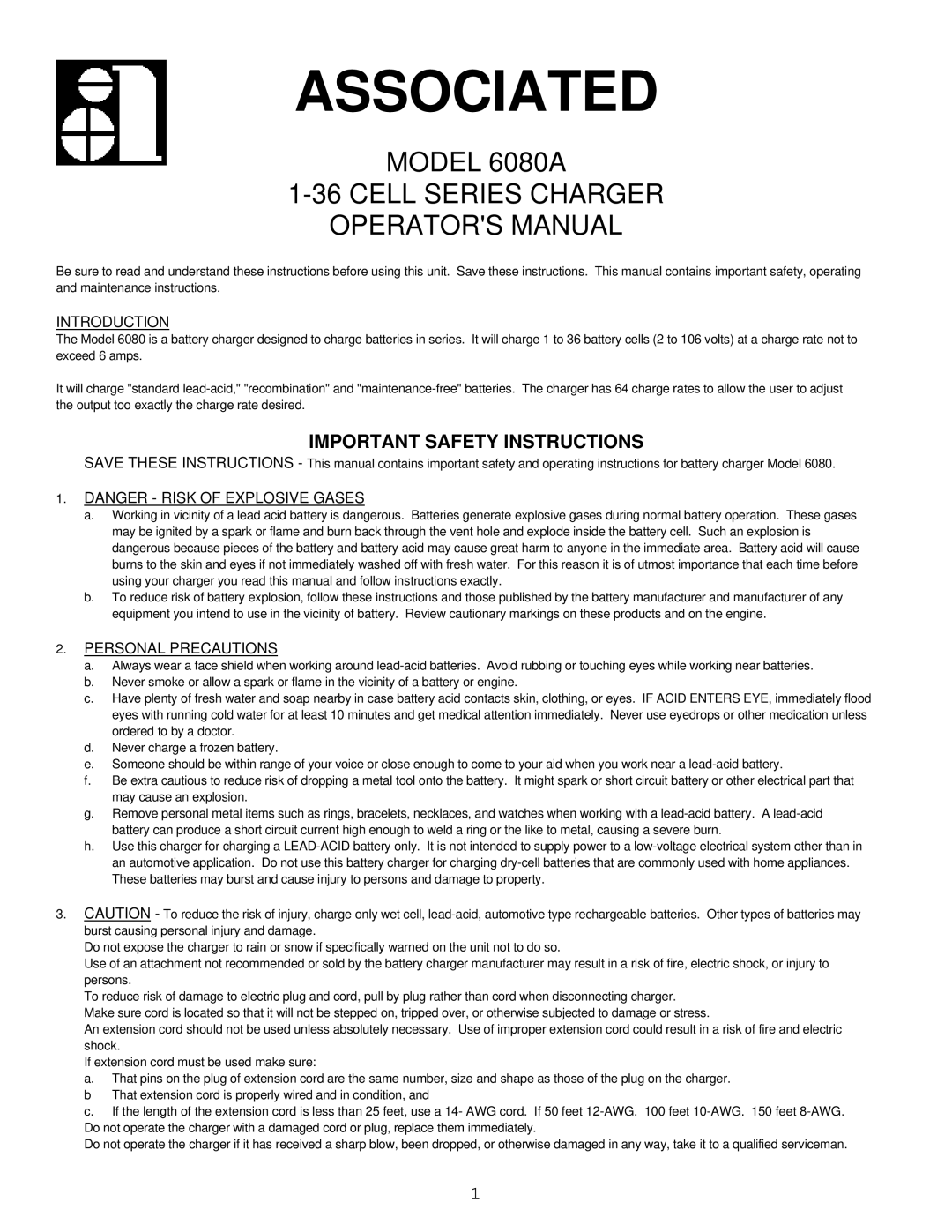 Associated Equipment 6080A important safety instructions Introduction, Personal Precautions 