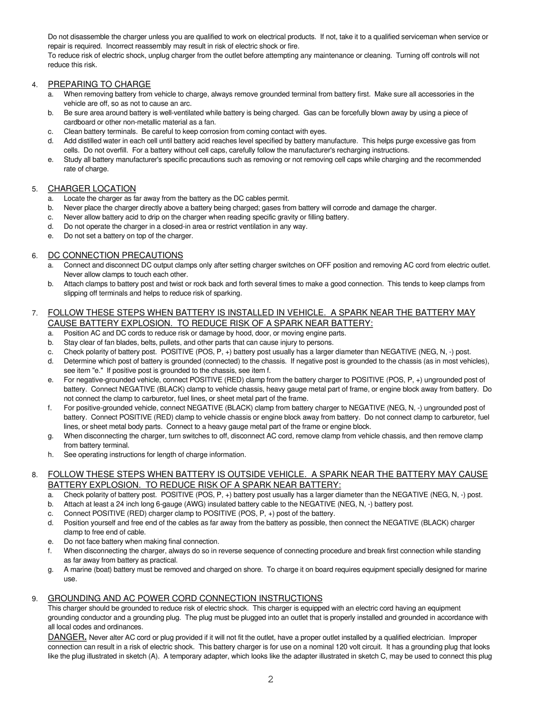 Associated Equipment 6080A important safety instructions Preparing to Charge, Charger Location, DC Connection Precautions 