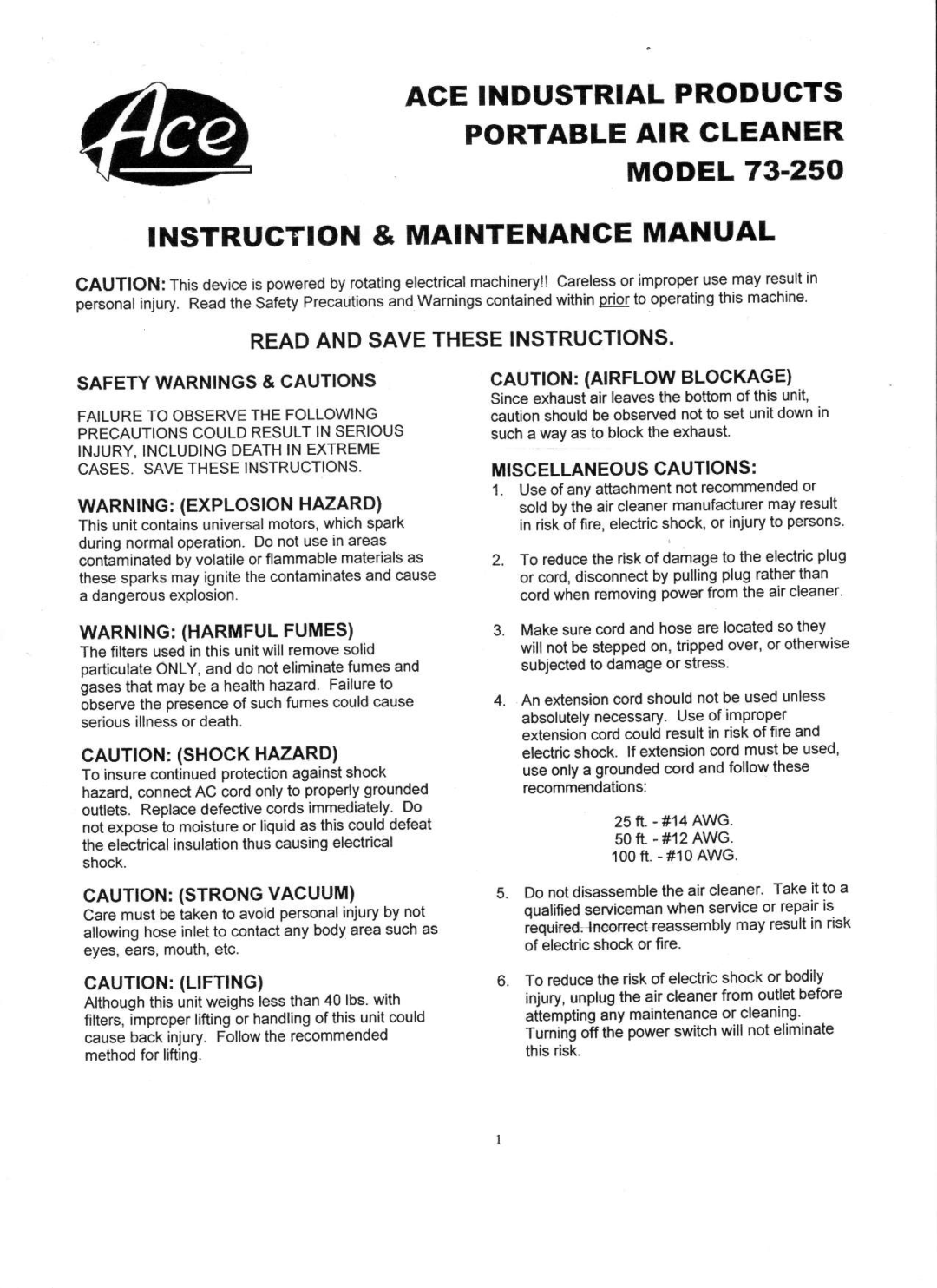 Associated Equipment 73-250 manual Ace Industrialprodugts Portableair Gleaner, Model Instrugtion& Maintenance Manual 