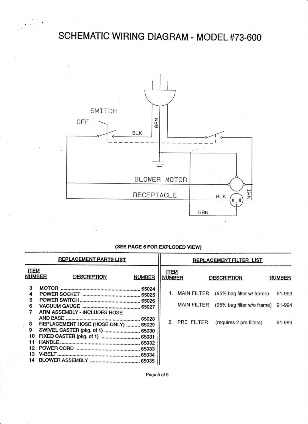 Associated Equipment manual Switch Off Blowebmotob Receptacle, Iieii, SCHEMATICWIRINGDIAGRAM- MODEL#73-600 