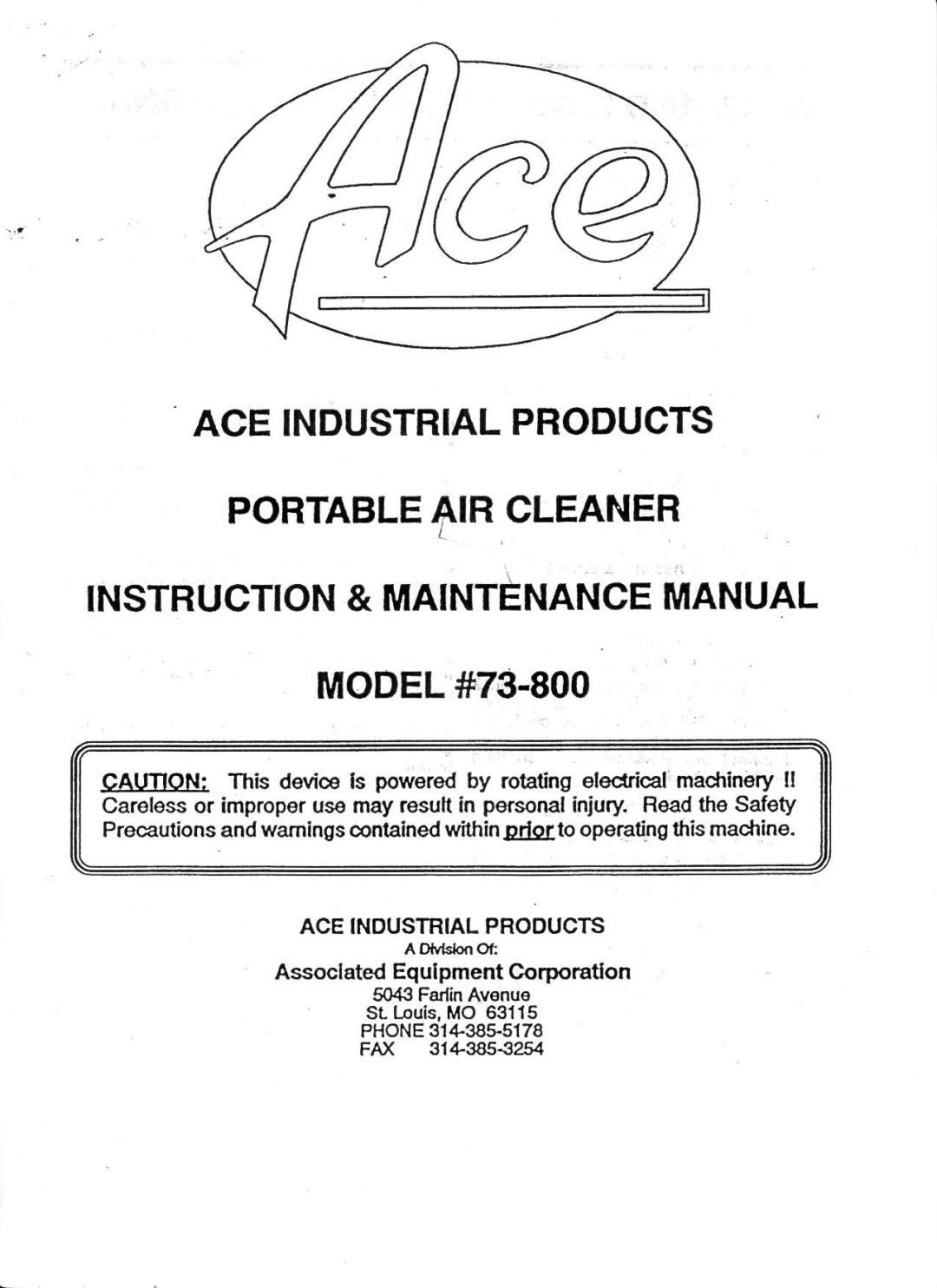 Associated Equipment 73-800 manual AssoclatedEqulpmentCorporatlon, ACEINDUSTRIALPRODUCTS PORTABLE CLEANER 4lR 