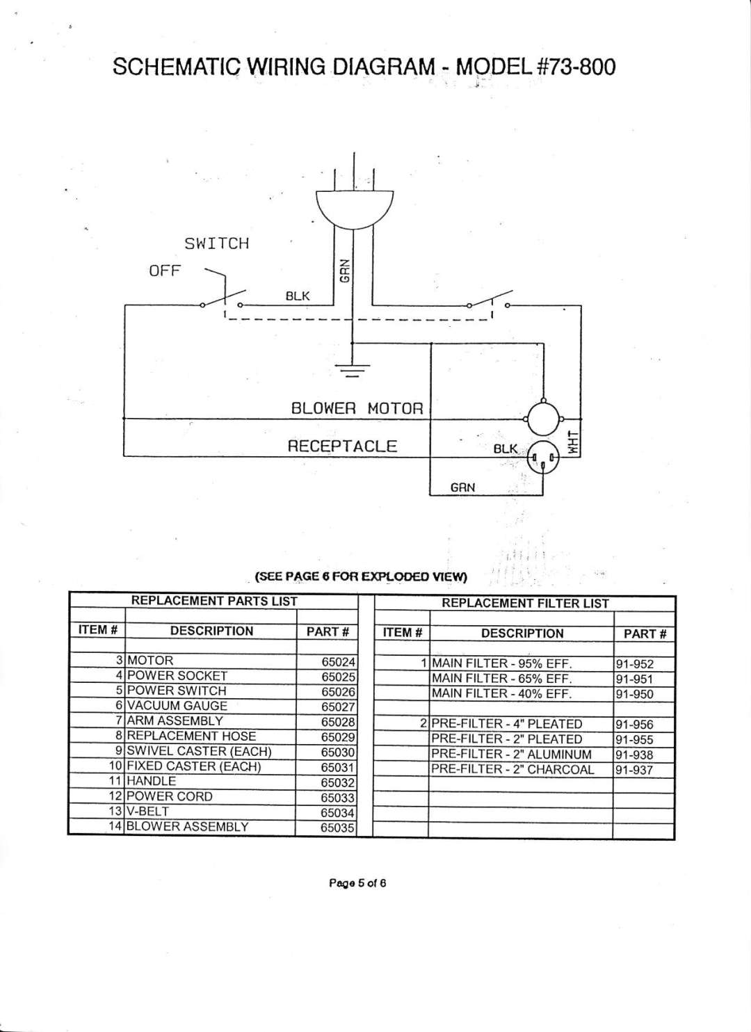 Associated Equipment manual SCHEMATICWIRINGDIAGRAMMODEL#73-800, S W I T C H, 6s029, 13V-BELT, 6503s 