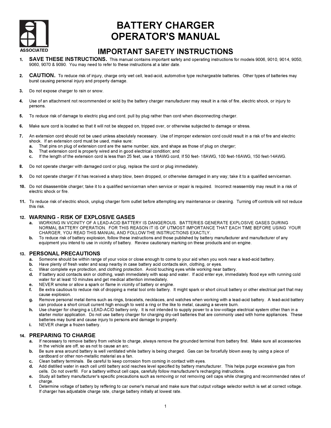 Associated Equipment 9006, 9090, 9014, 9010, 9070 important safety instructions Personal Precautions, Preparing to Charge 